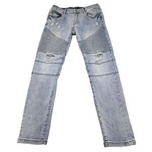 ZLZ Jeans Mens 30W Skinny Slim Fit Stretch Ripped Distressed Moto Biker Ribbed